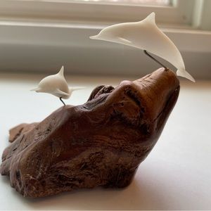 Vintage John Perry small burl wood with two white dolphins. Hand made & signed.